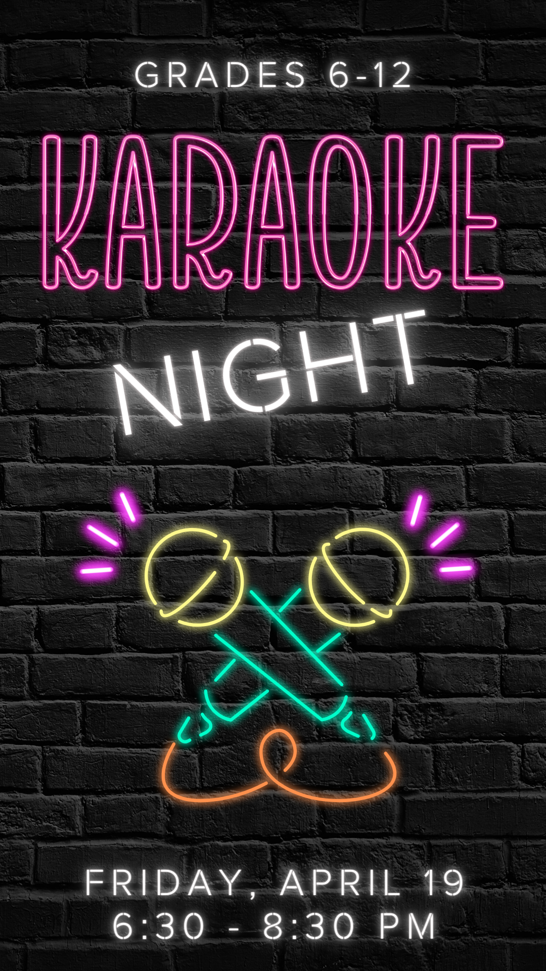 black brick wall, neon karaoke sign and neon microphones with program details