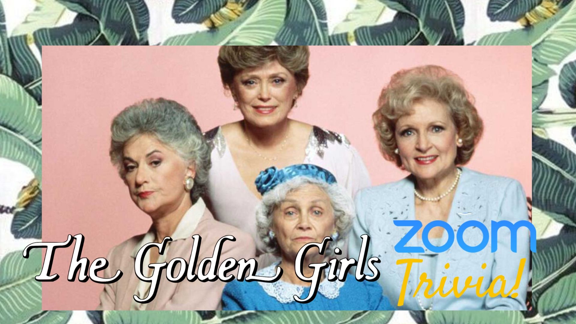 Image of the Golden Girls with a background of Blanche's bedroom wallpaper