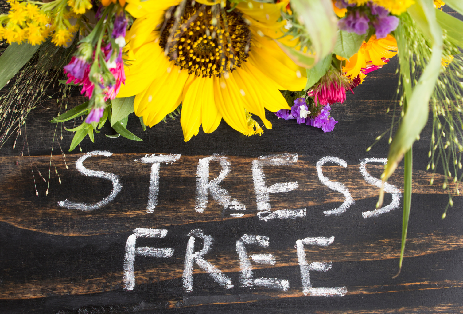 Picture of flower arrangement resting on top of a wooden sign with the words "stress free" painted on it.