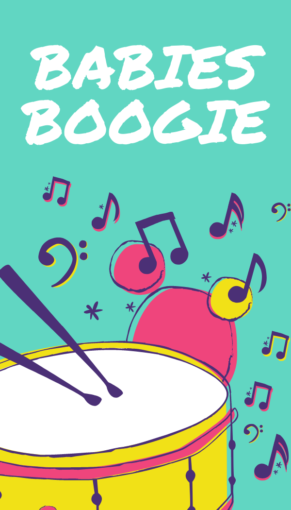 Title of the program Babies Boogie with a drum and colorful music notes.