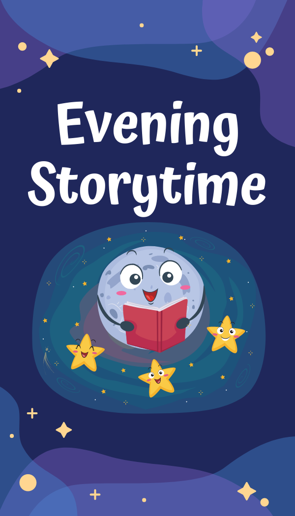 Title of the program Evening Storytime with a cartoon moon reading a book.