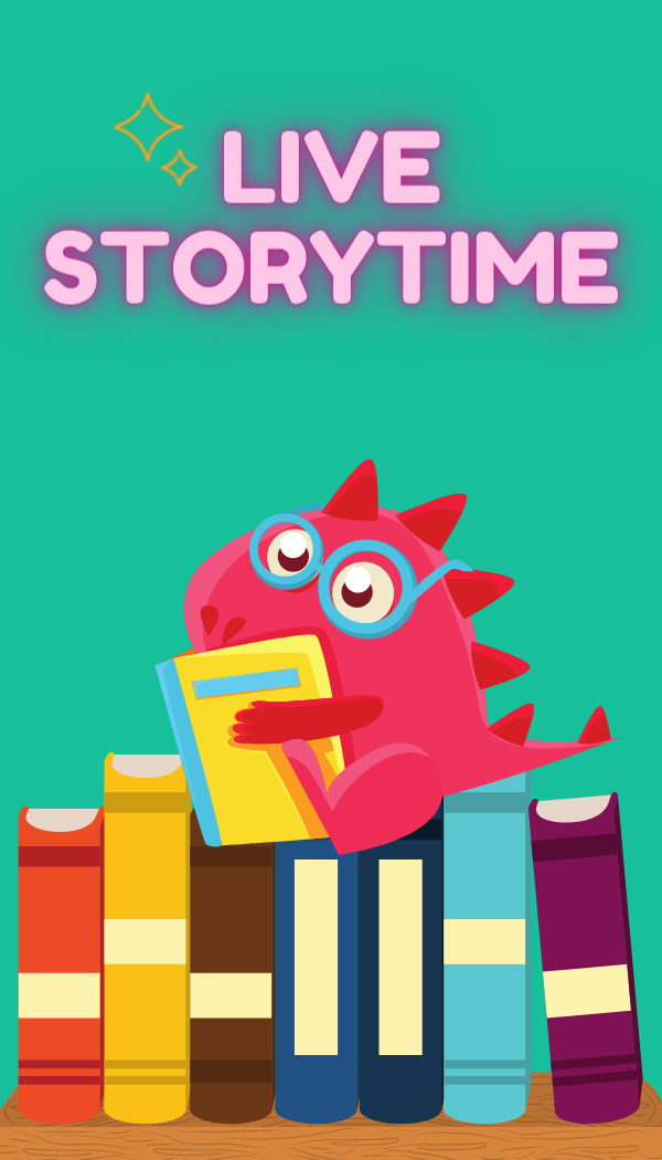 Title of the program Live Storytime with a cartoon dinosaur reading a book.