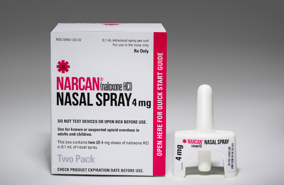 Photo of Narcan box and nasal spray device.