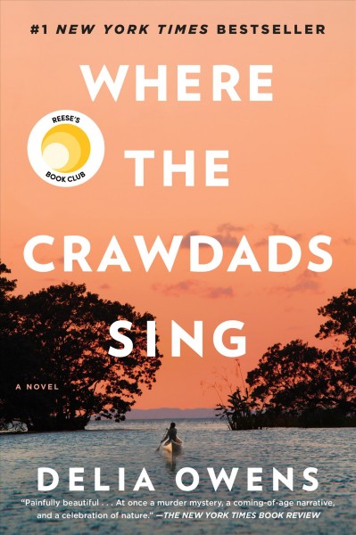 Book Cover for Where the Crawdads Sing with an image on a waterway with someone rowing a boat on it (sun is settin).