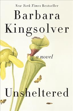 book cover for Unsheltered by Barbara Kingsolver shows a color drawing of some plants