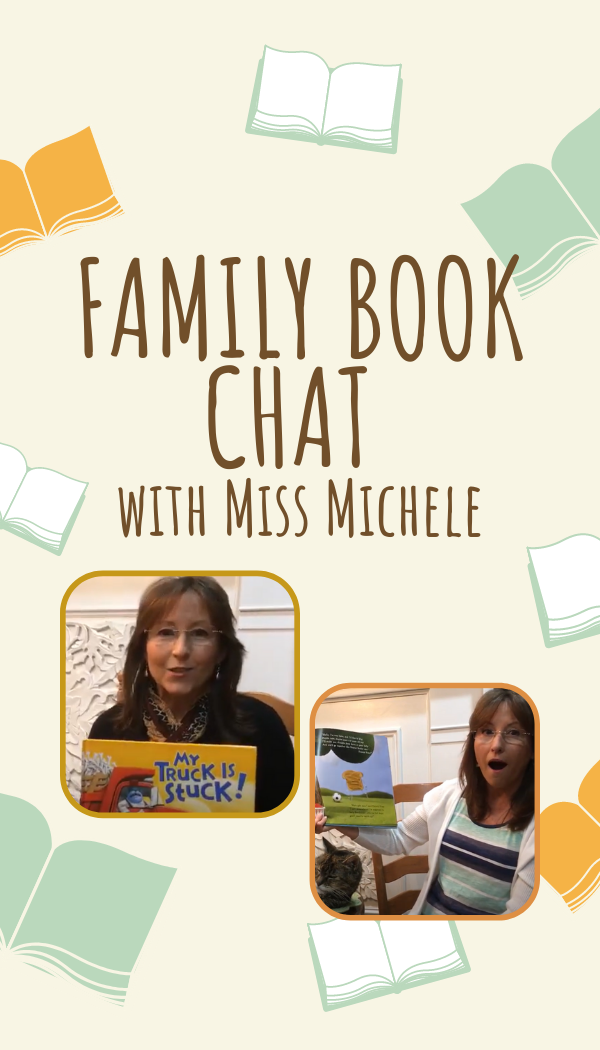 The title of the program Family Book Chat with Miss Michele along with two pictures of Miss Michele reading books.