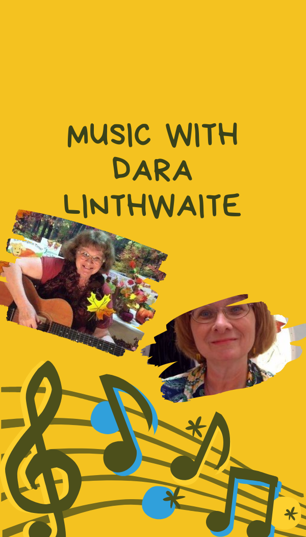 Caption : Music with Dara Linthwaite with photos of music notes and programmer Dara Linthwaite playing guitar