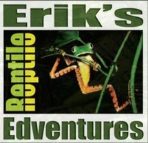 The words Erik's Reptile Edventures and an image of a frog hanging onto a leaf.