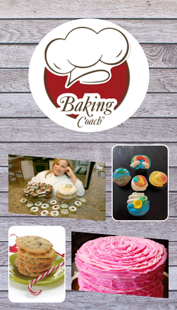 The Baking Coach logo and pictures of various desserts