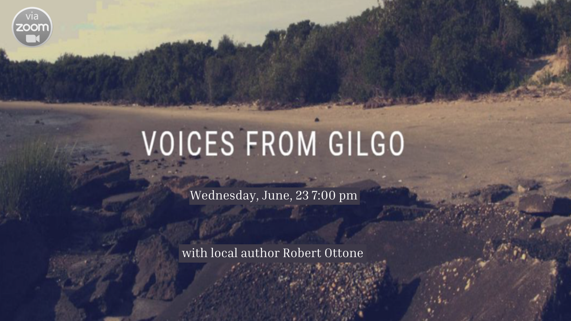 An Image of Gilgo Beach with the program name, date and time over it.