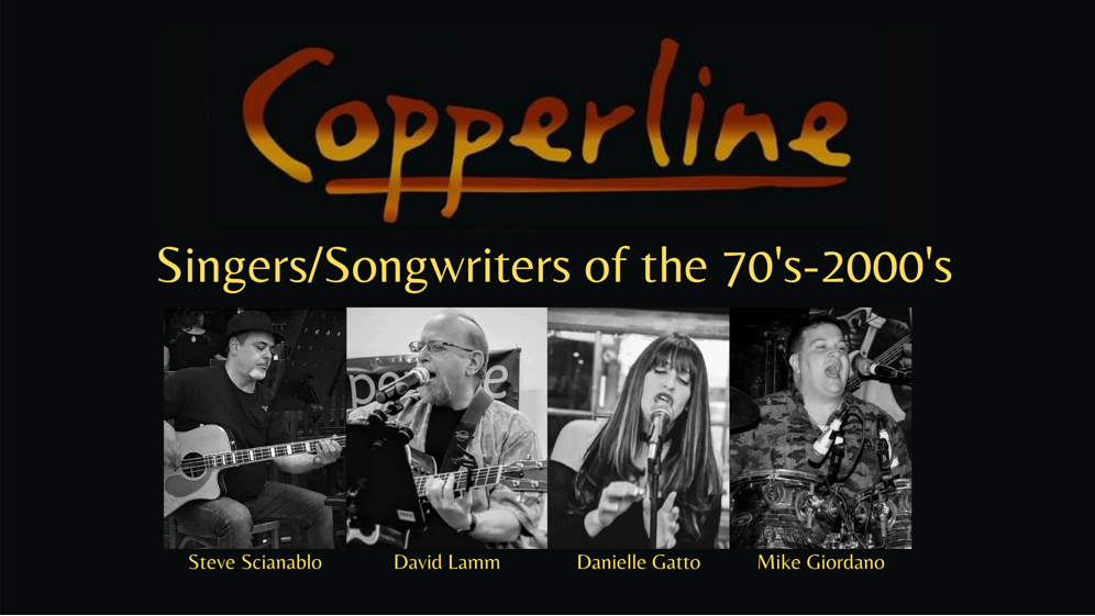 An image of each "Copperline" band  member with their name listed underneath. left to right: Steve Scianobolo, David Lamm, Danielle Gatto and Mike Giordano.