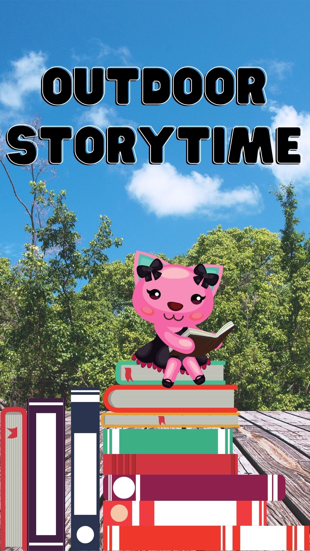Program is called Outdoor Story time with an image of a pink piggy, books and trees