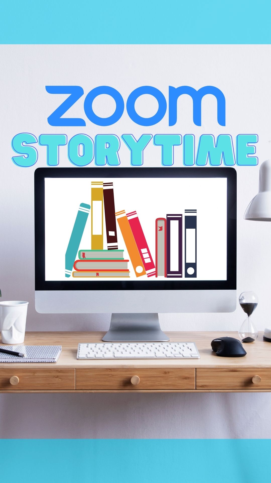 Title of the program is Zoom Storytime with image of computer and books
