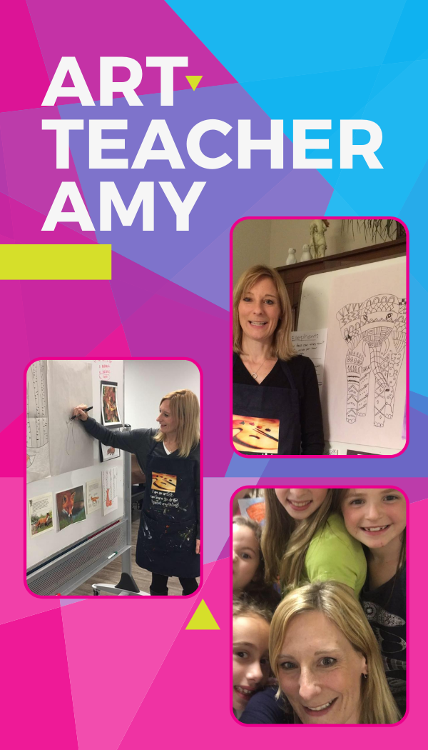 Name of programmer Art Teacher Amy and pictures of instructor during some of her lessons.