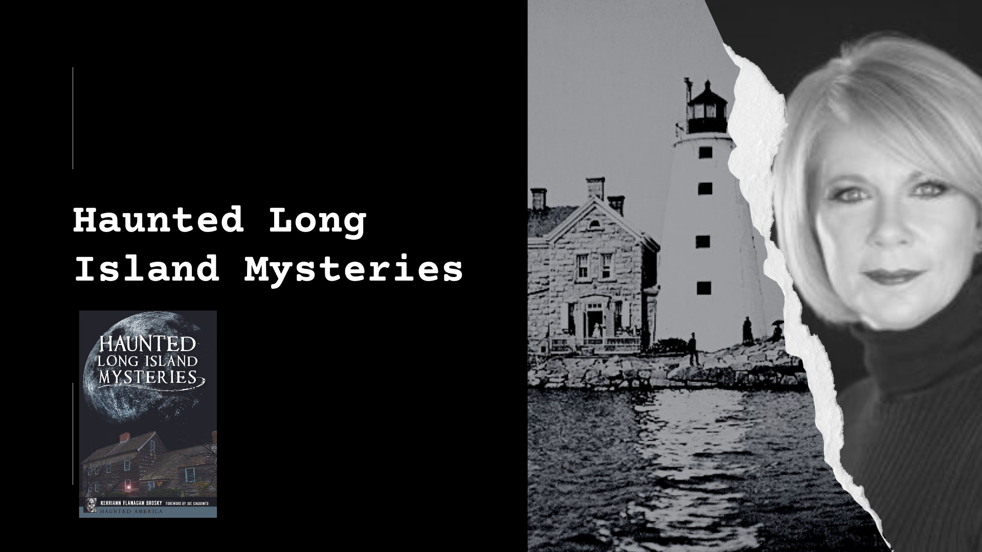 Black and white image of the author kerrian flanagan brosky and of the execution rock lighthouse