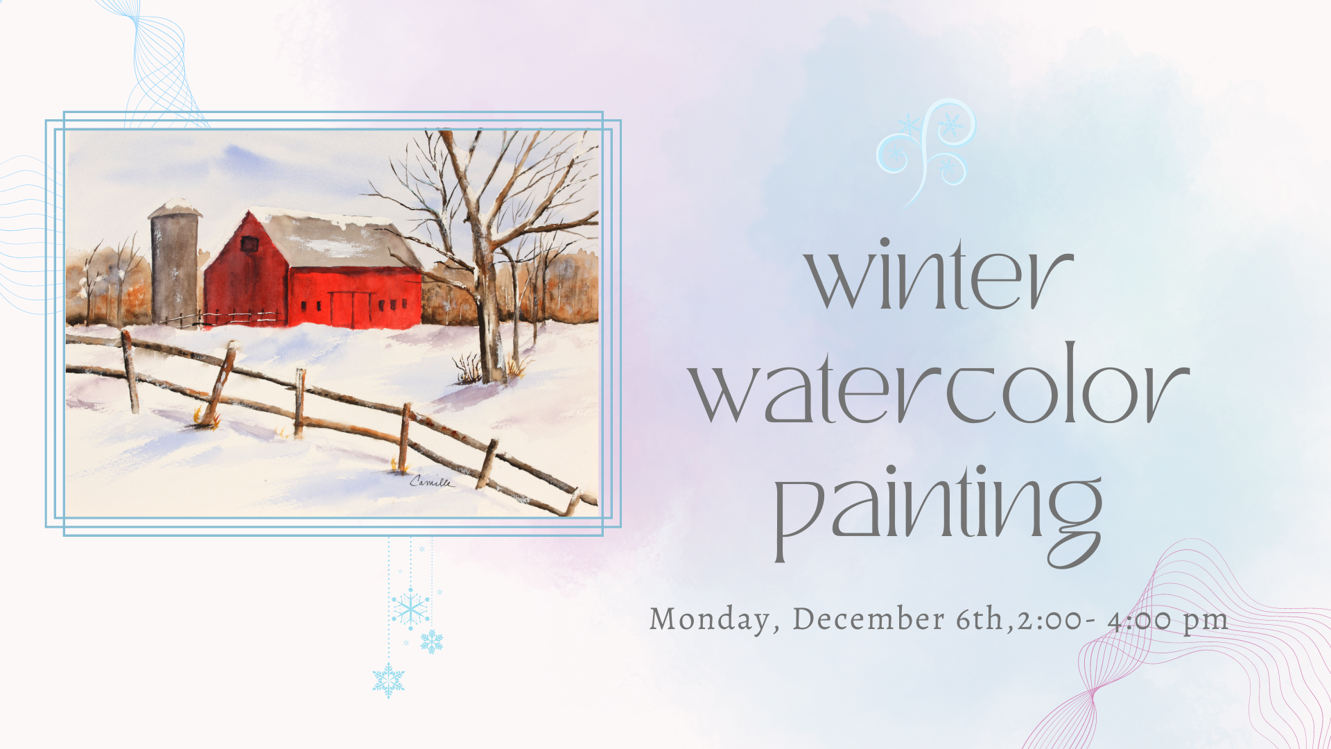 A watercolor painting of a farm in winter with a red barn. bordered with wintery graphics (snowflakes, etc).