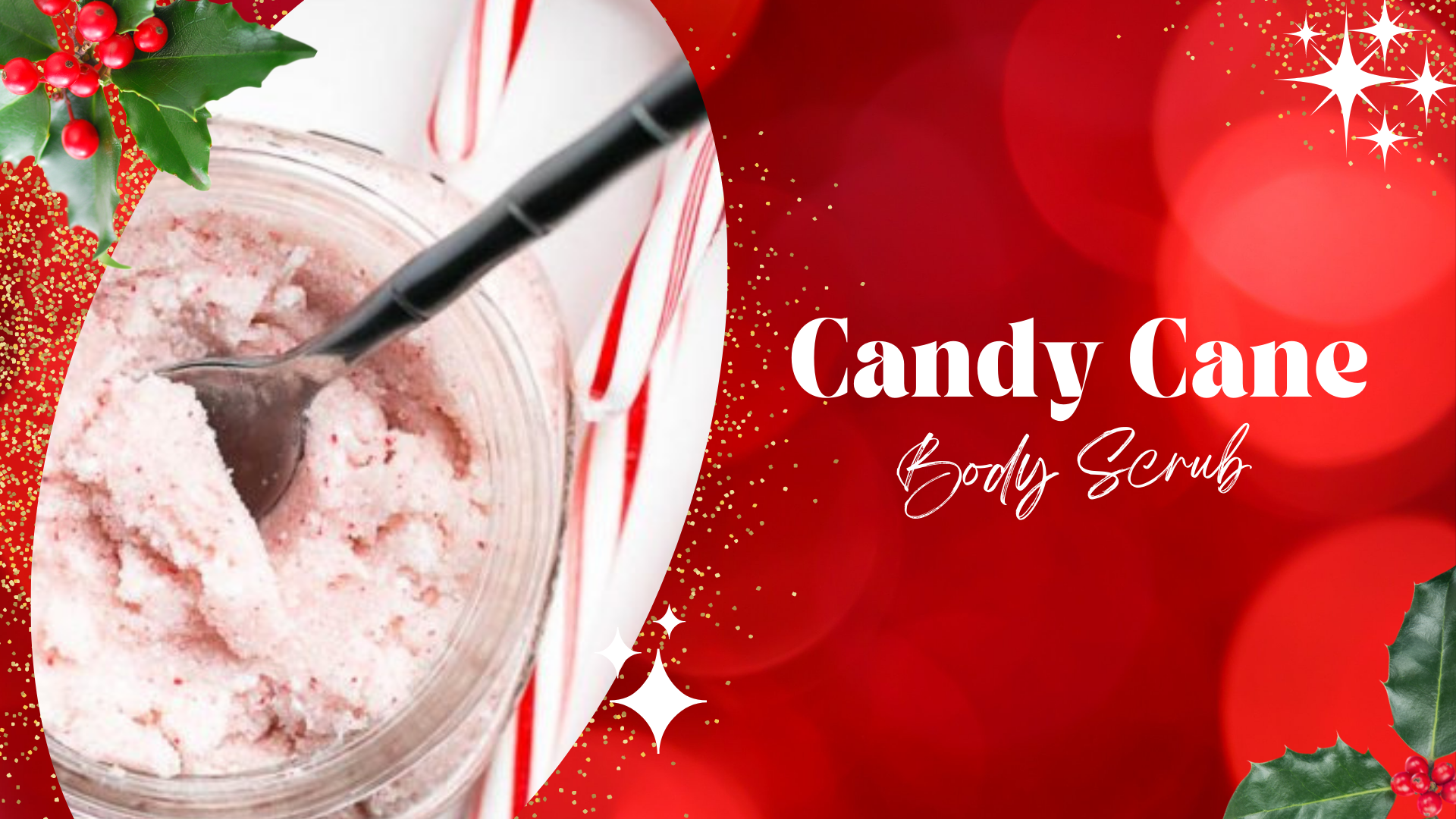 A photo of candy cane body scrub with a spoon in the jar and a candy cane next to it.