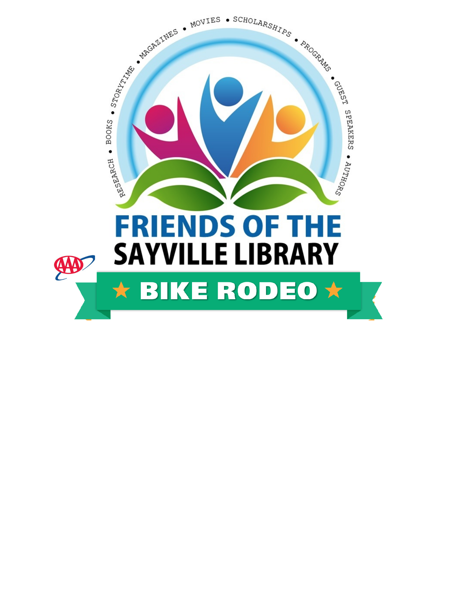 Logo for Friends of Sayville Library and logo for AAA Bike Rodeo.