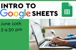 At the top it says "Intro to Google Sheets" with the Google Docs logo to the right of it against a green background. Beneath is a photo of hands typing on a laptop.