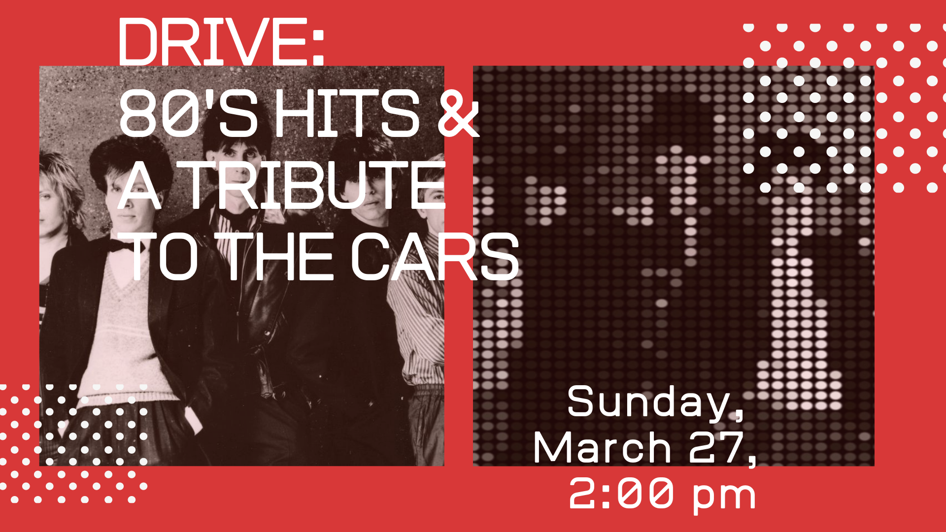 A black and white photo of the band 'The Cars' on a red background with various shapes floating around it.