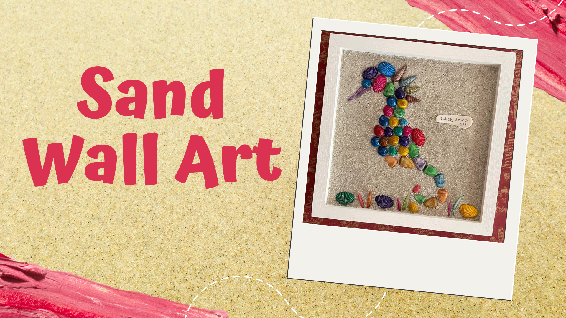 The background is beach sand, in the foreground is a photograph of the sand wall art craft in a polaroid.