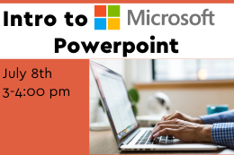 Image that says "Intro to Microsoft Powerpoint 3 - 4 pm" with an image of a man typing on a laptop.