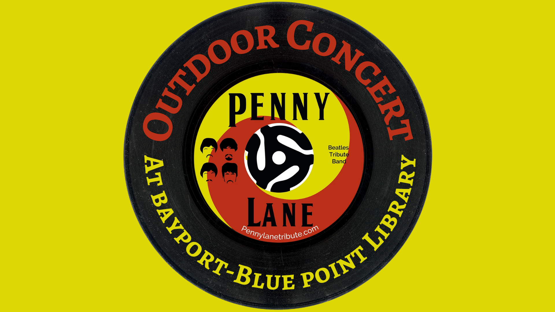 A graphic image of a 45 rpm record that says "Penny Lane Beatles Tribute" on the label.