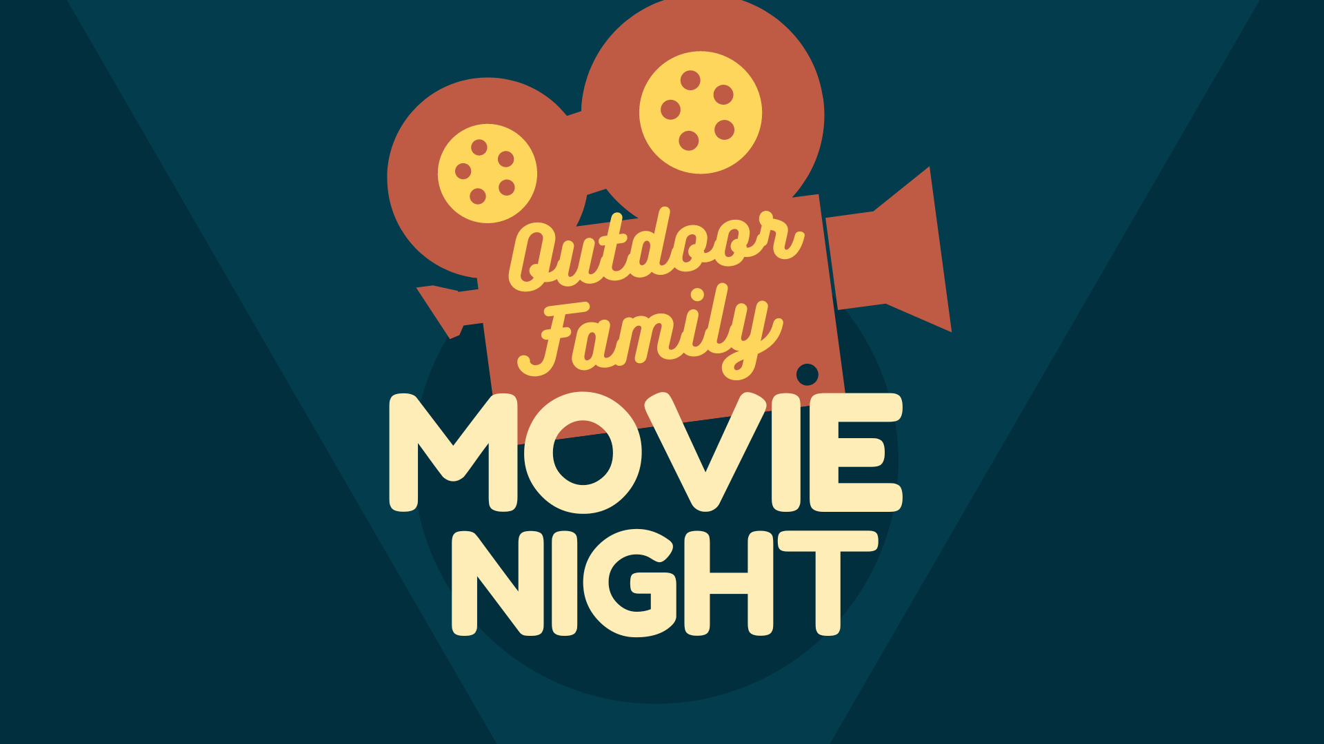 A graphic image of an old-fashioned style movie projector with the text: outdoor family movie night over it.