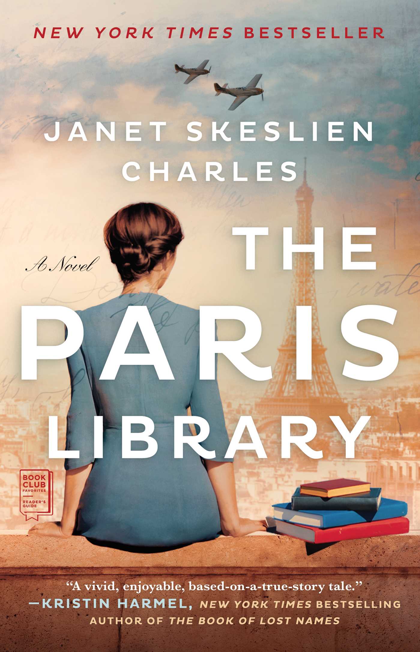 Book cover for 'The Paris Library' which features a woman seated on a bench, pictured from behind, with a stack of books next to her and the Paris skyline in front of her