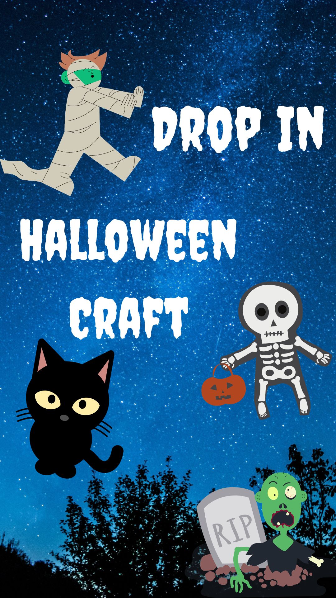 Starry sky background with Halloween creatures surrounding white text reading "Drop in Halloween Crafts"