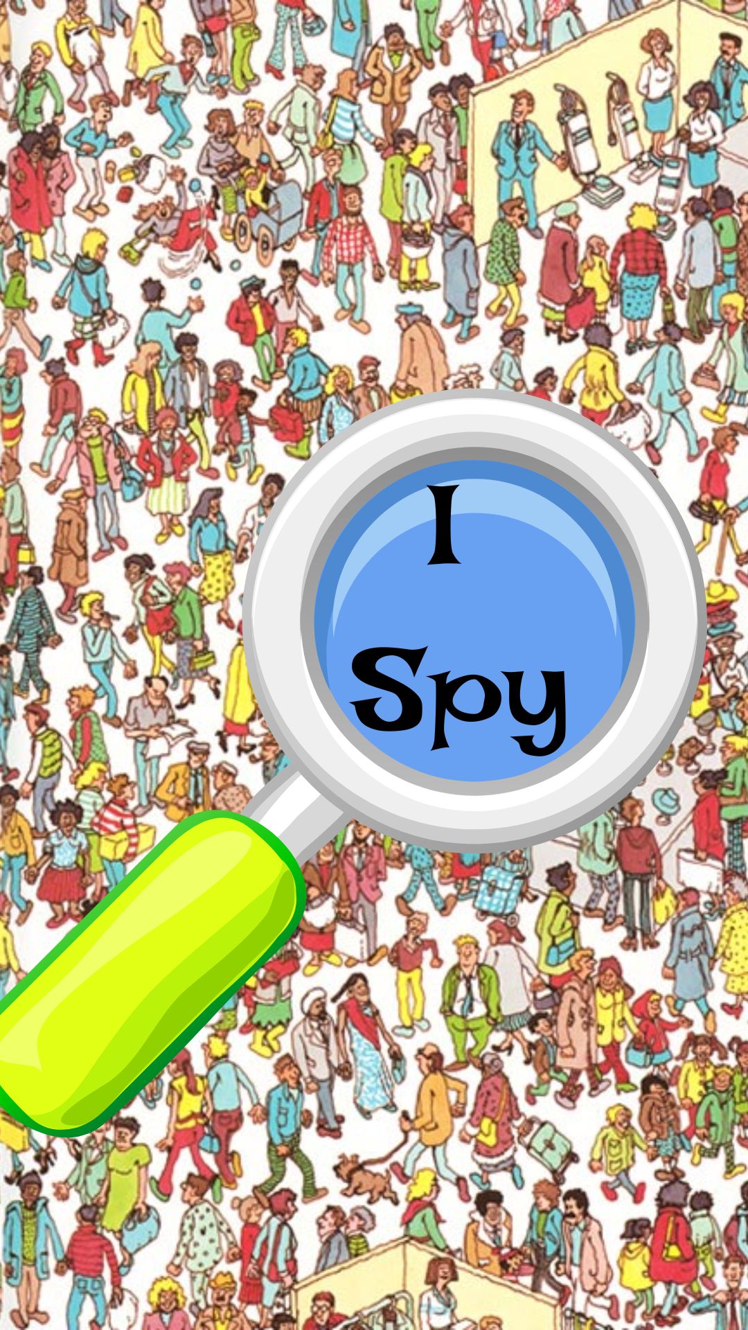 Background is complicated I-Spy page. Green handled spy glass with black text reads "I Spy"