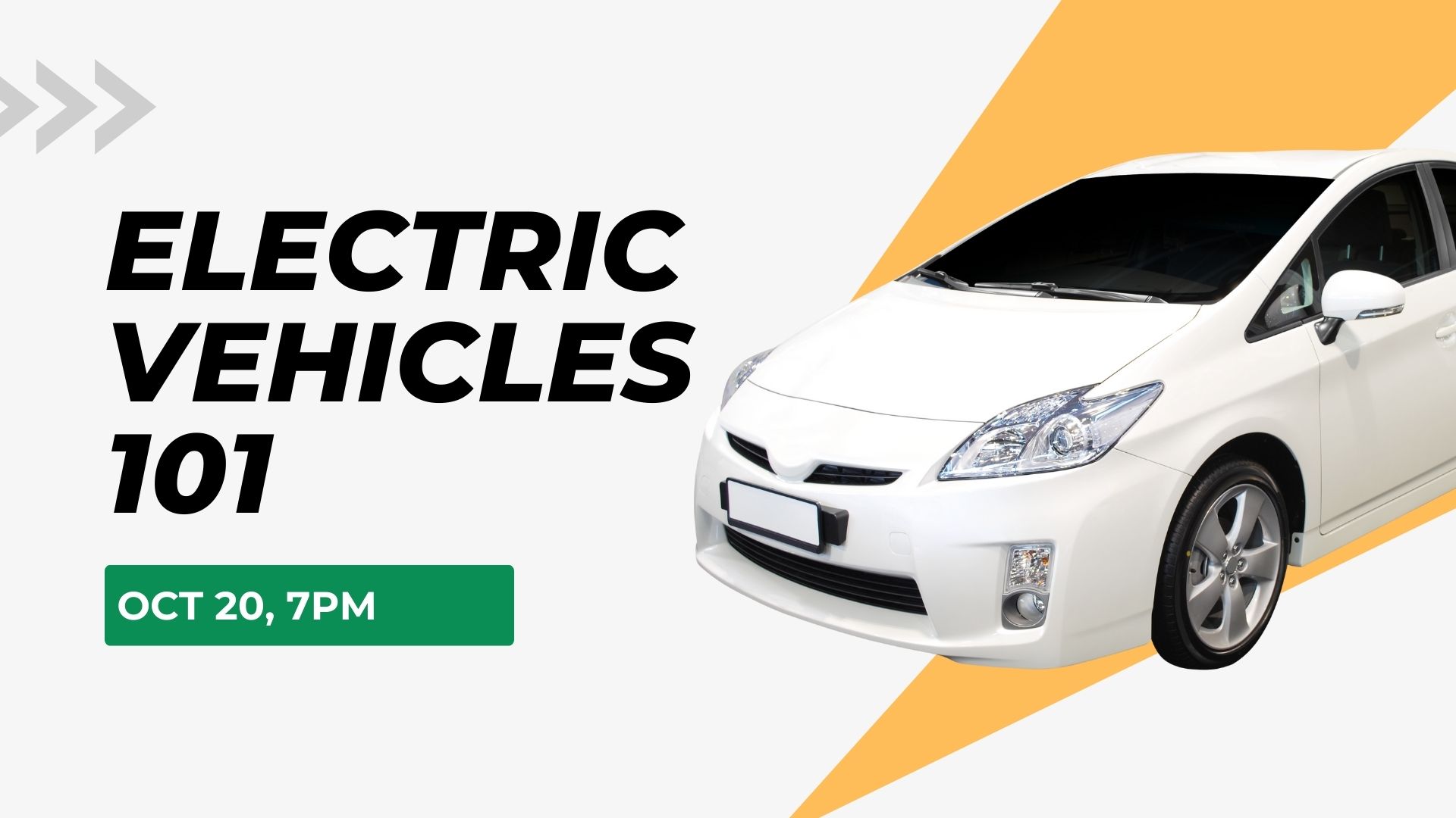 A photo of a white electric vehicle on top of a graphic, yellow lightening bolt.