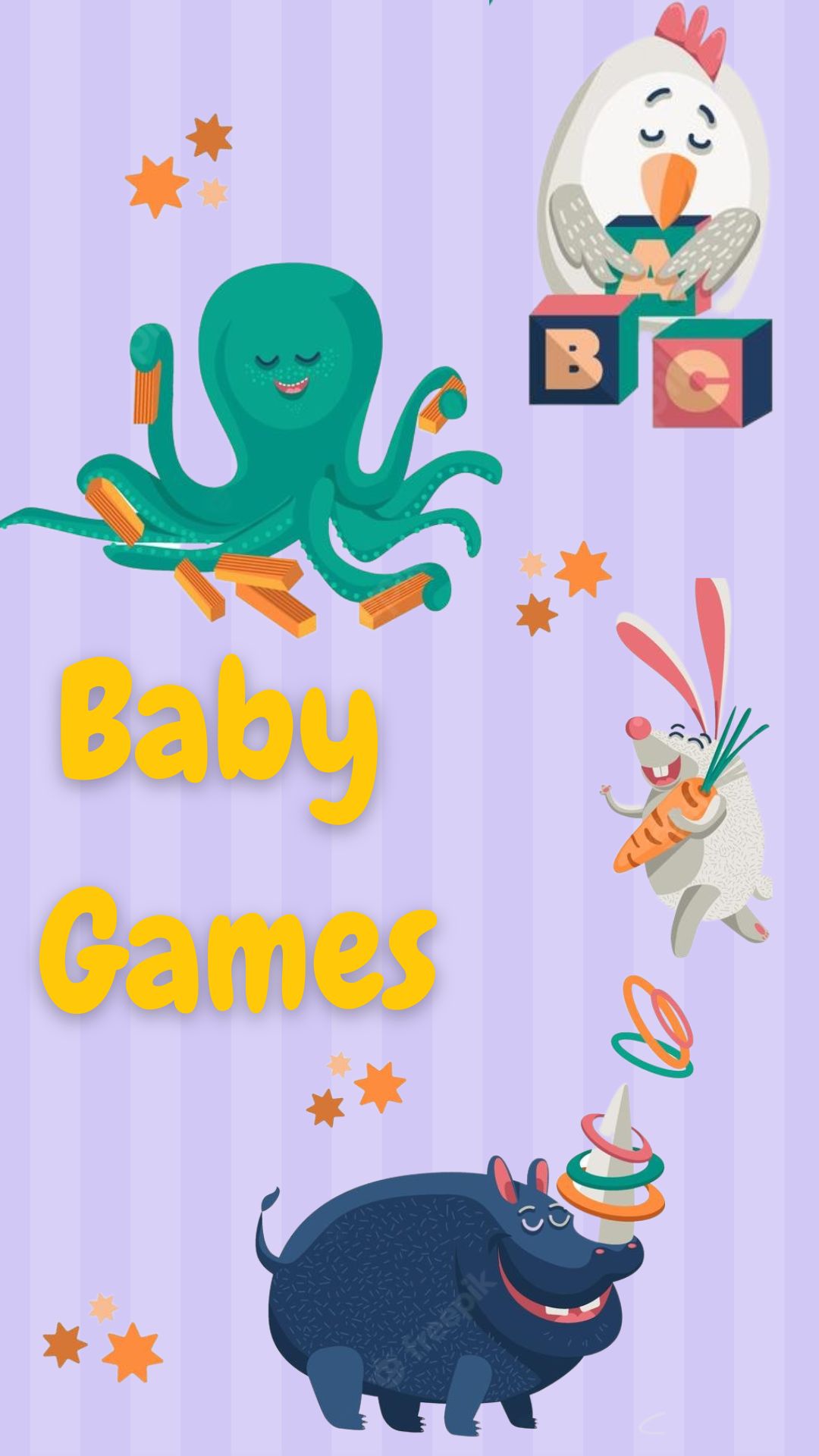 Purple background with four animals playing with children's toys. Yellow text reads "Baby Games"