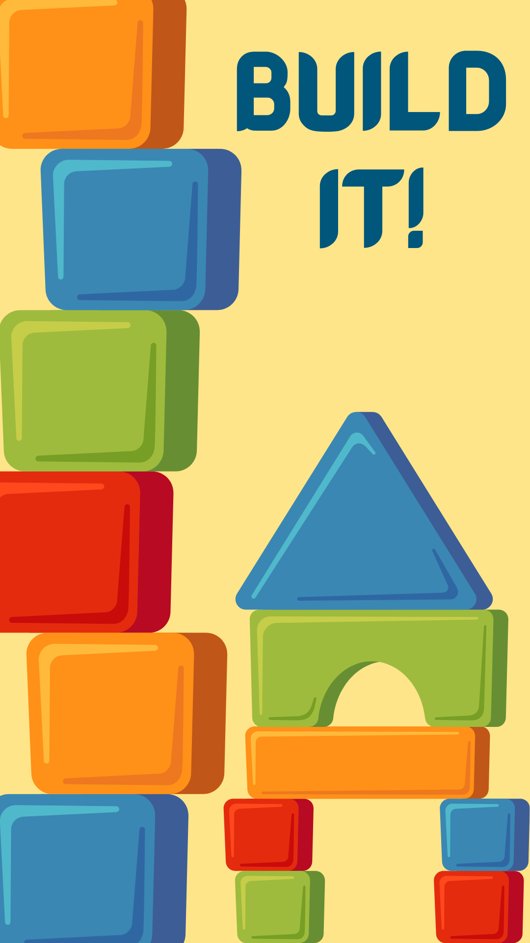 Yellow background with multi-color blocks. Dark blue text reads "Build It!"