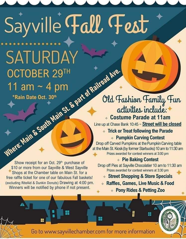 Poster detailing the events and their times, occuring at the Sayville Fall Fest on Main Street in Sayville, on October 29, 2022.