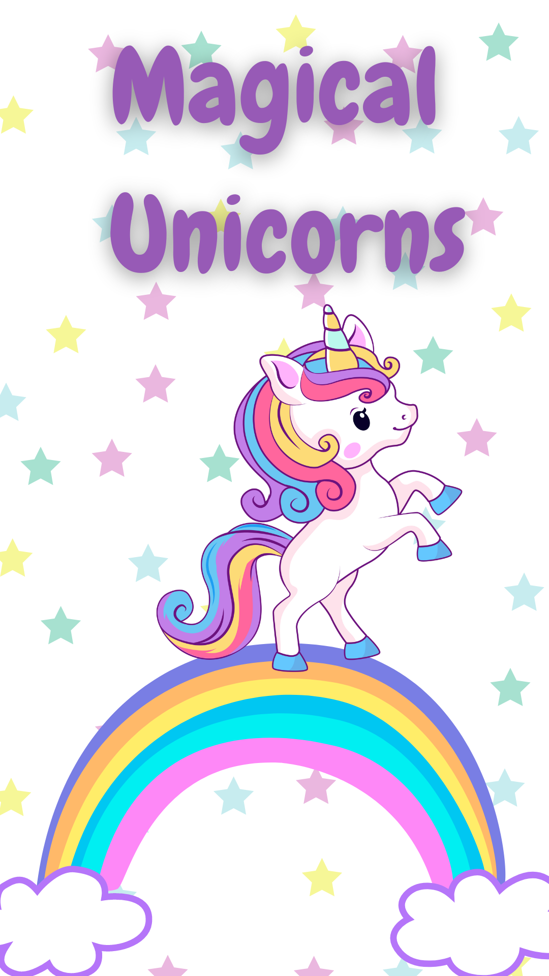 Multi-color stars in background. White and pink unicorn on top of rainbow. Purple text reads "Magical Unicorns"