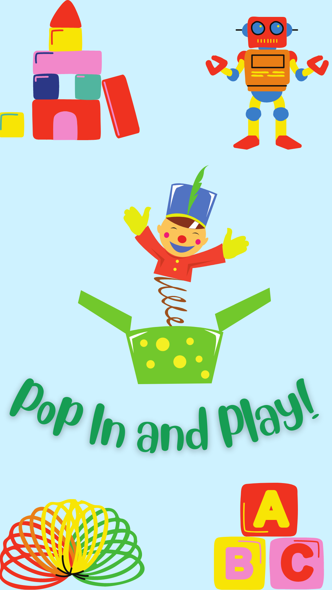 Blue background with children's toys. Center toy is a jack in the box with green text reading "Pop in and Play!"