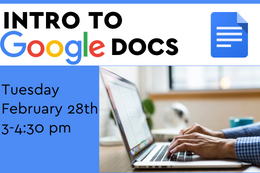 At the top it says "Intro to Google Docs" with the Google Docs logo to the right of it. Beneath is a photo of hands typing on a laptop.