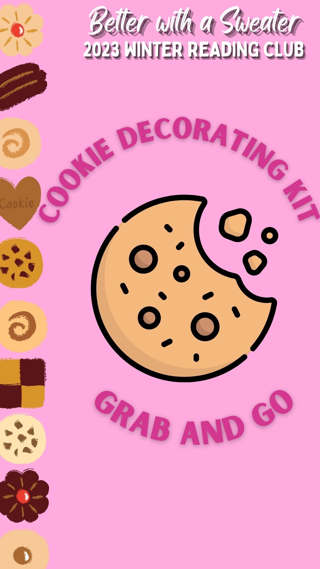 Pink background with cookies on side. Dark pink text reads "Cookie Decorating Kit Grab and Go"