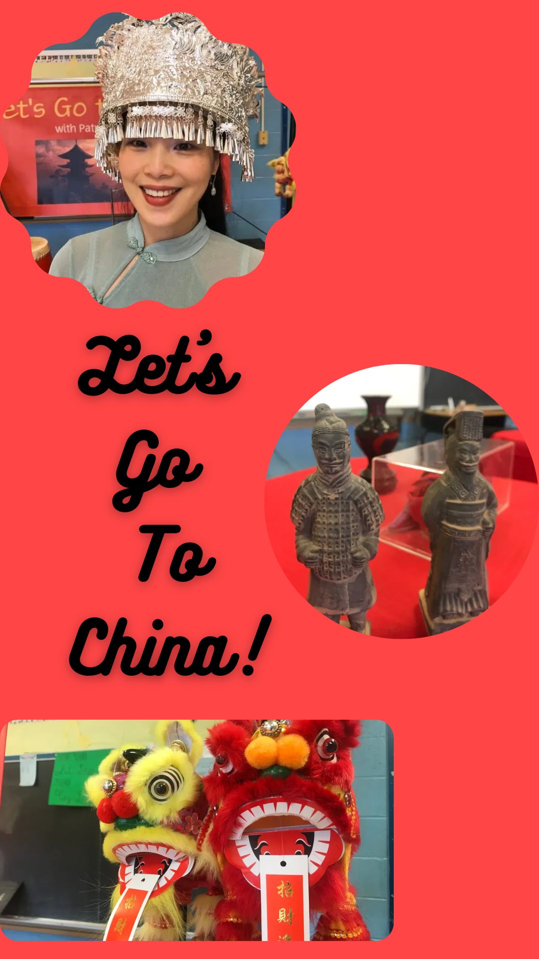 Red background with three pictures of program. Black text reads "Let's Go to China!"