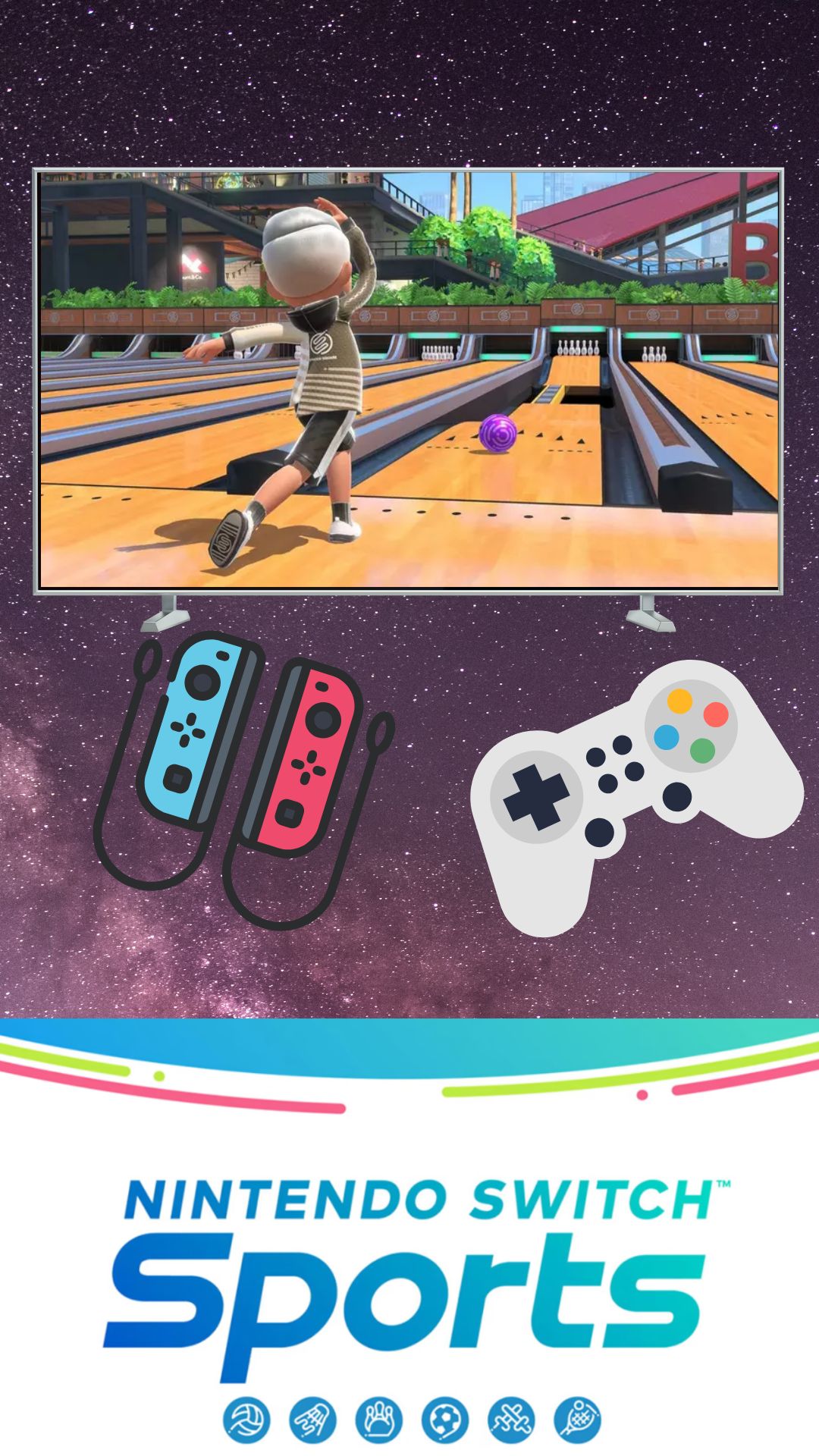 Galaxy background with TV screen showing Sports game . Game controllers pictured with the text reading "Nintendo Switch Sports" logo
