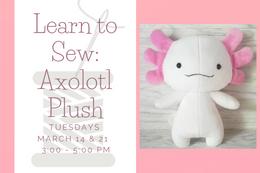 Text says "Learn to Sew: Axolotl Plush" with program dates and times with an image of a pink axolotl plush on a wood background.
