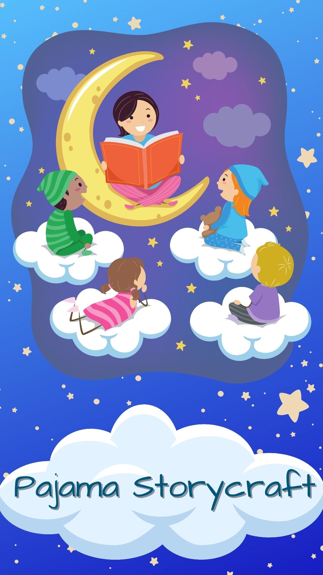Blue background with children reading in night sky. Text reads "Pajama Storycraft"