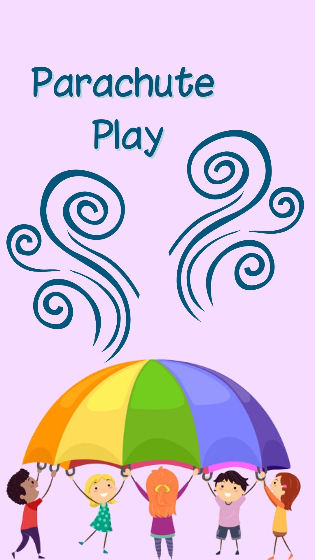 Purple background with children playing parachute. Blue text reads "Parachute Play"