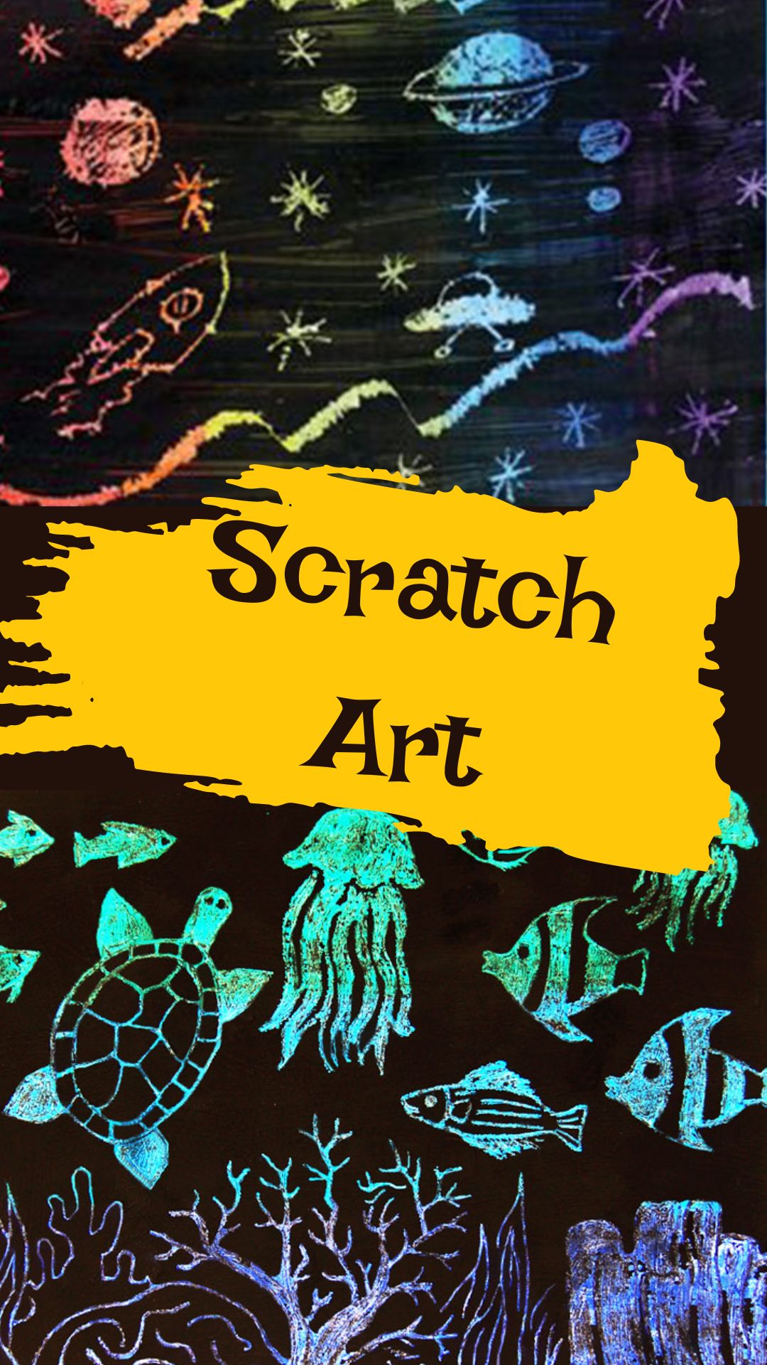 Black background with colorful scratch art. Text in middle reads "Scratch Art"