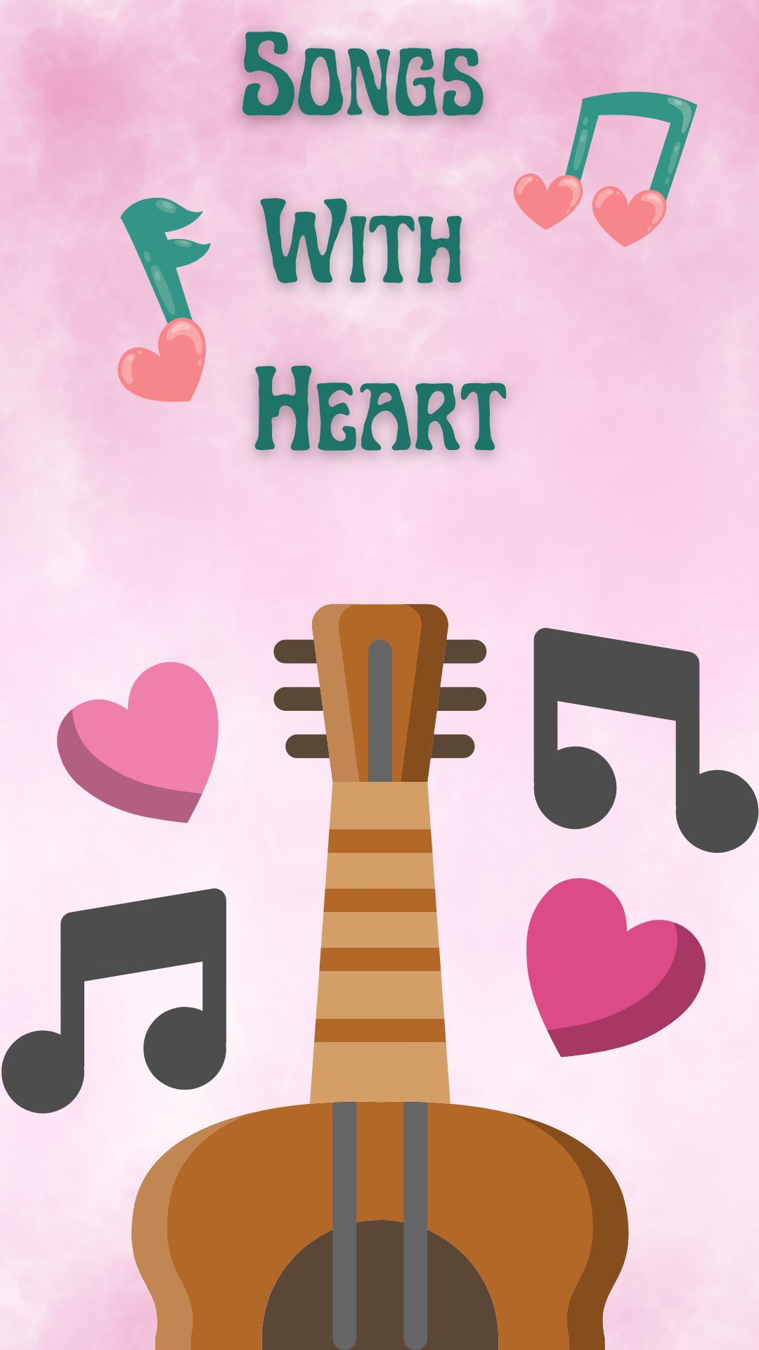 Pink tie dye background with guitar and music notes. Blue text reads "SONGS WITH HEART"