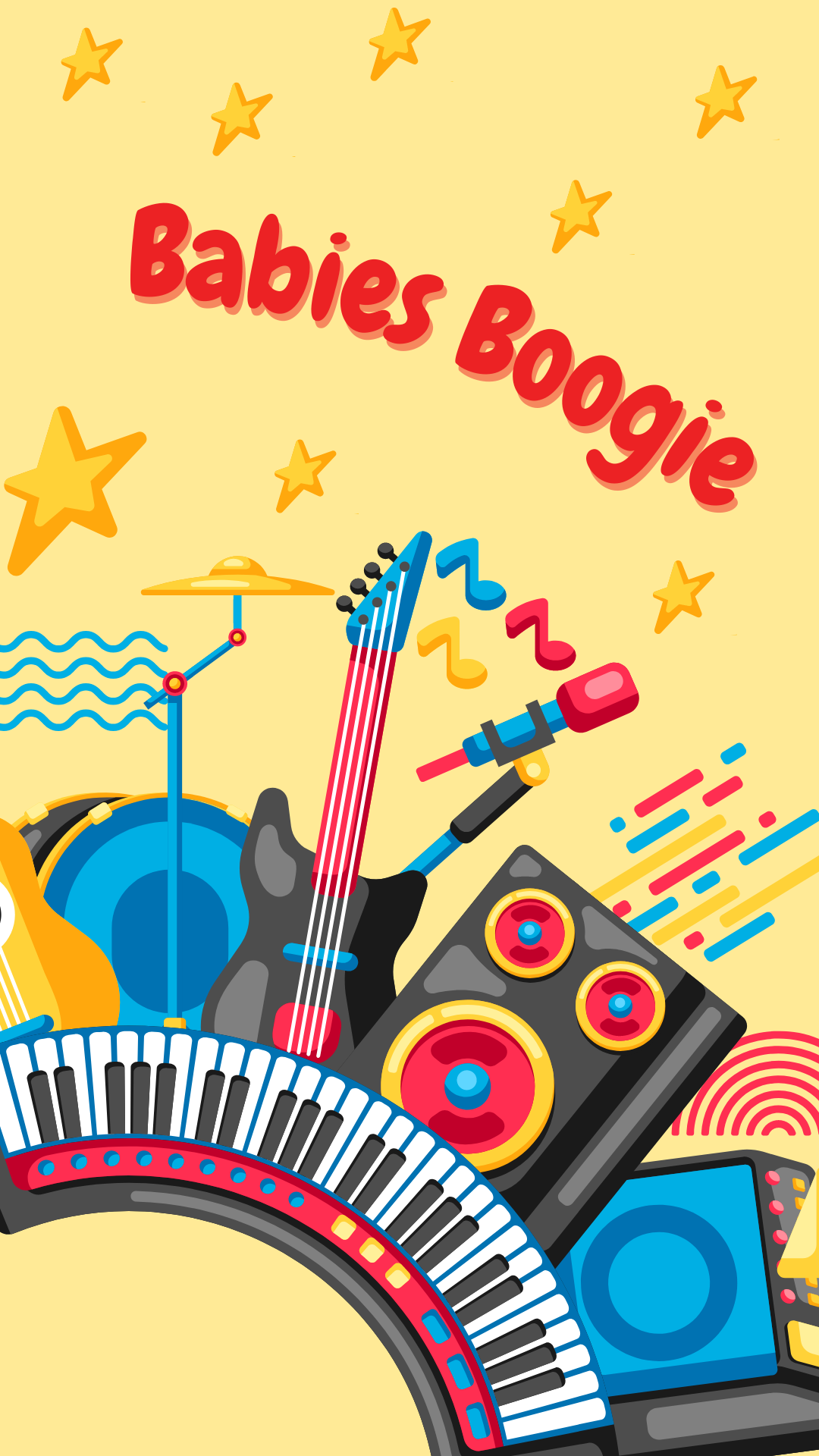 Yellow background with instruments on keyboard. Title of program in red "Babies Boogie"