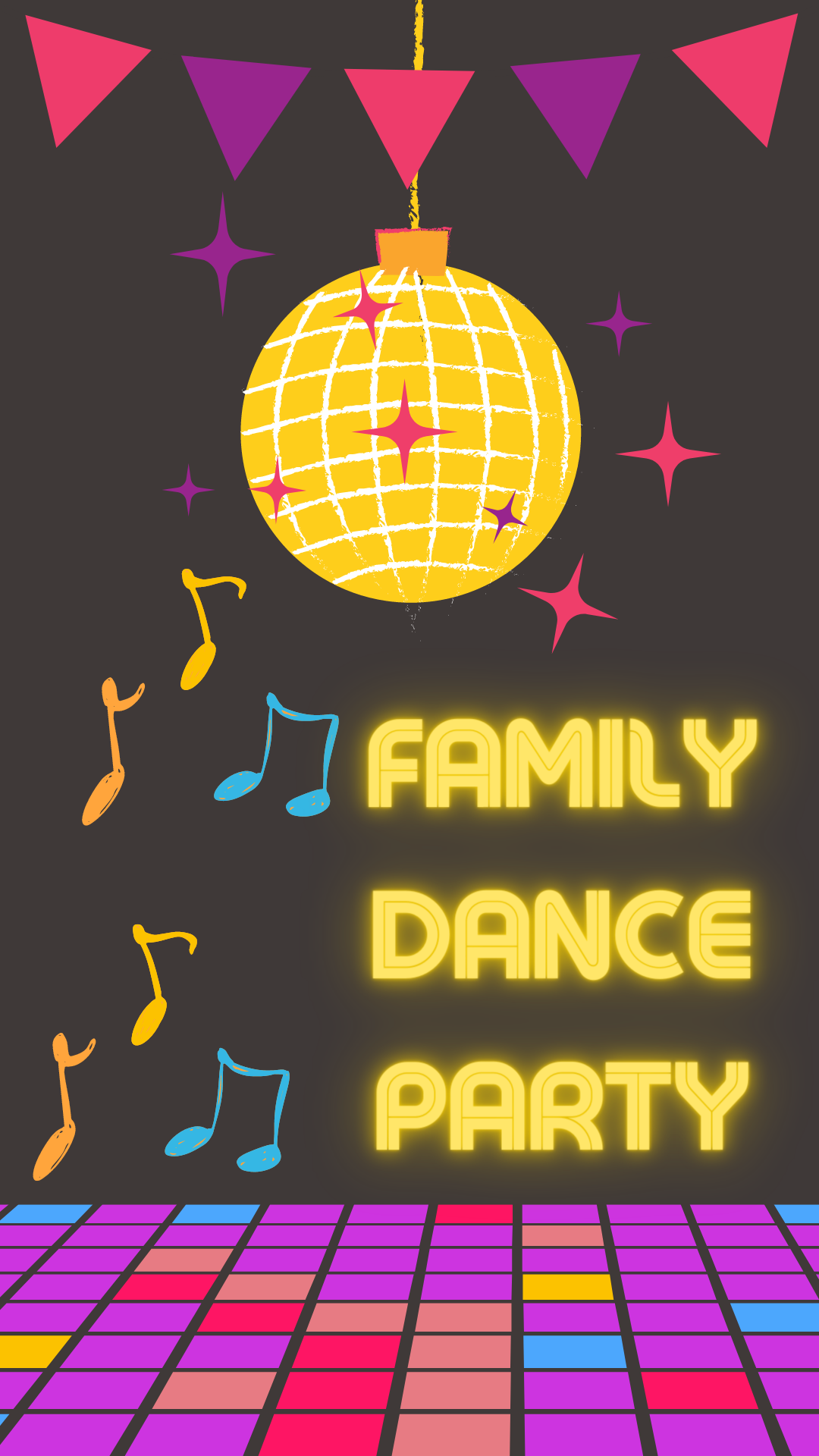 Black background with disco ball, confetti and dance floor. Yellow text reads "Family Dance Party"