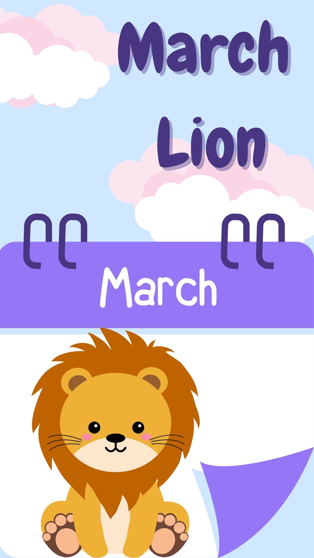 Blue background with march calendar and little lion. Purple text reads "March Lion"