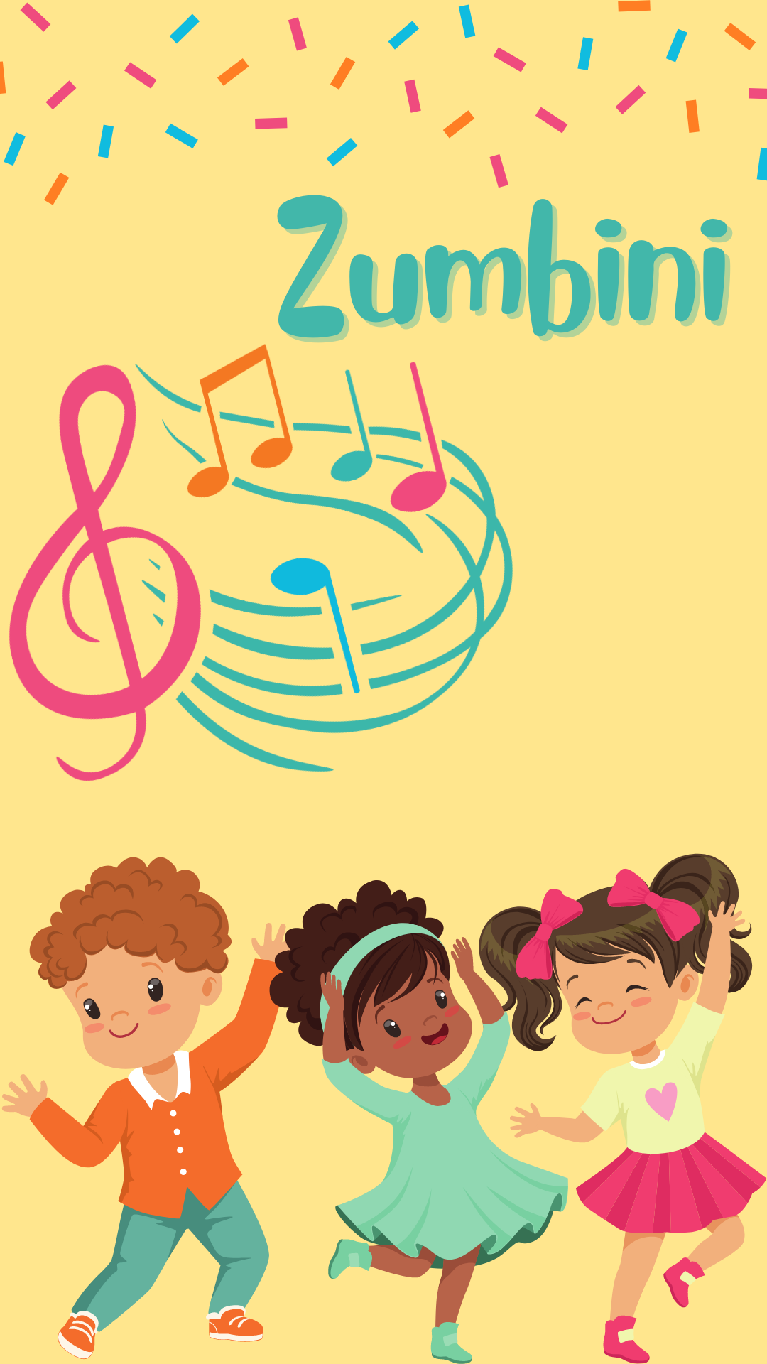 Yellow background with 3 children dancing, music notes and confetti. Blue text reads "Zumbini"